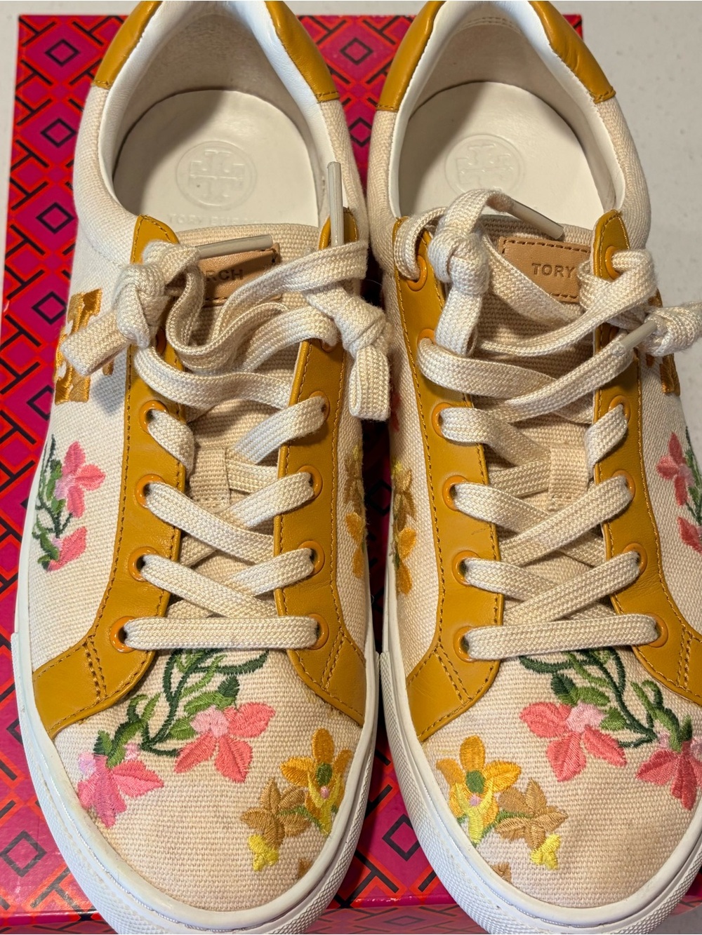 Tory Burch Cream Canvas Floral Sneakers with Mustard Trim